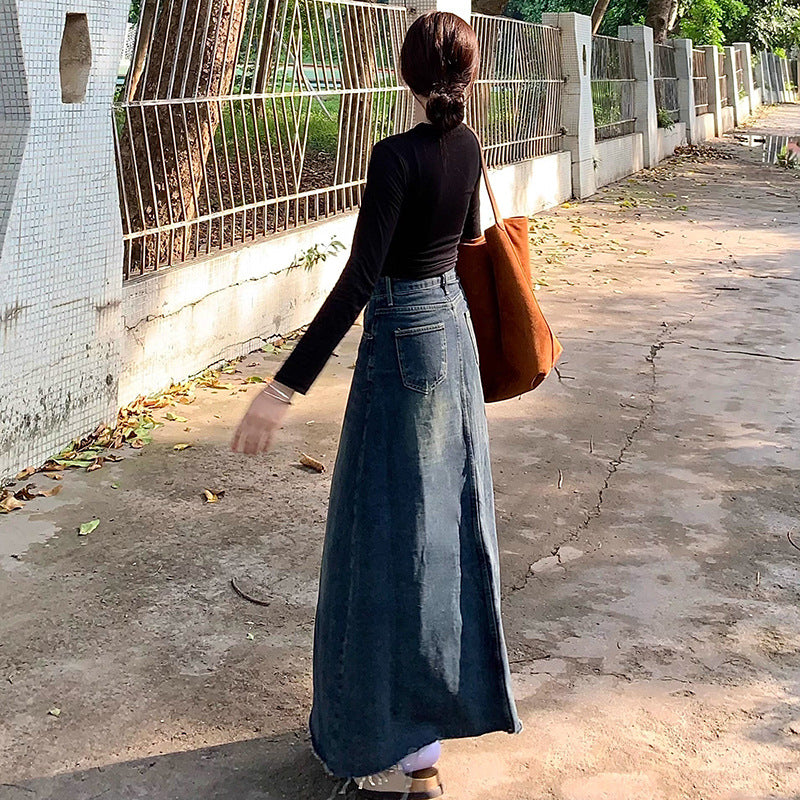 High-Waisted Frayed Denim Skirt Women's Casual A-Line Midi Denim Skirt