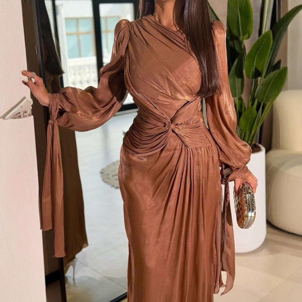 Wrinkled Ribbon Shiny Evening Dress