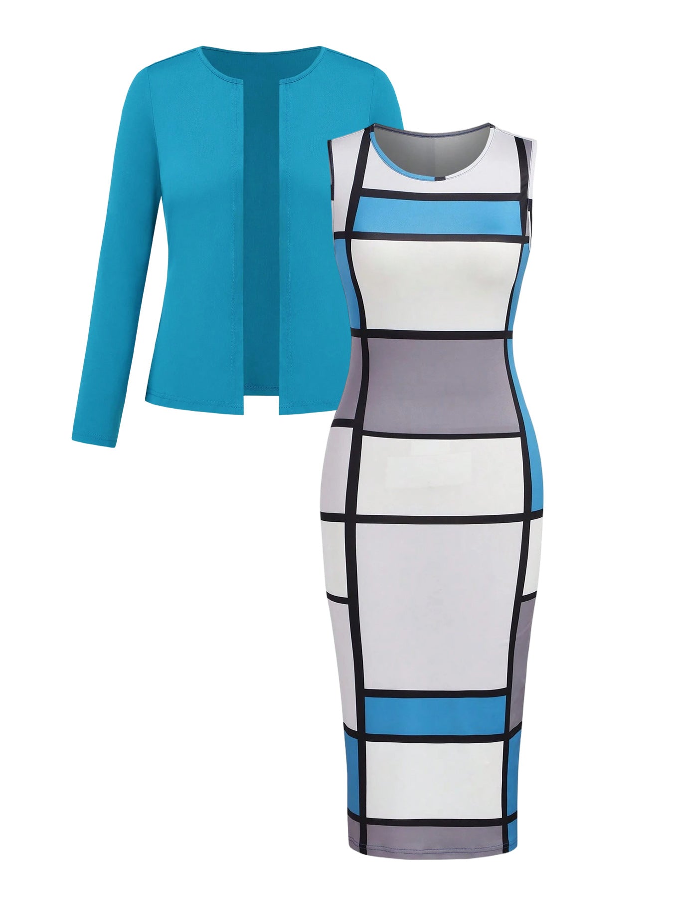 Color Block Plaid Sleeveless Round Neck Dress with Solid Color Long Sleeve Jacket