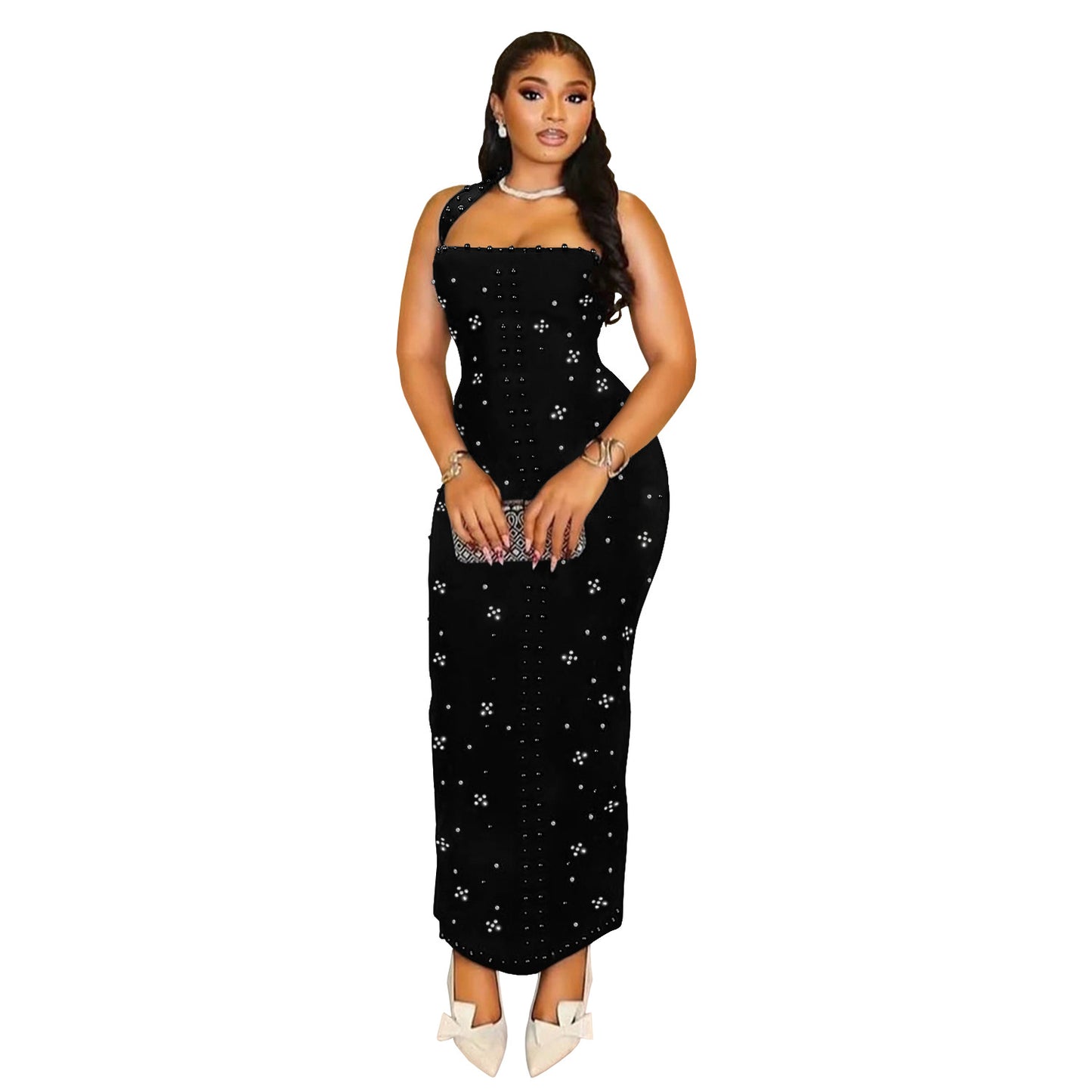 Women's Off-the-Shoulder Rhinestone Beaded Fitted Bodycon Dress