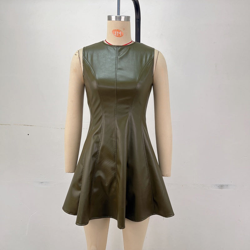 Round neck sleeveless waist cinched A-line short skirt vest dress
