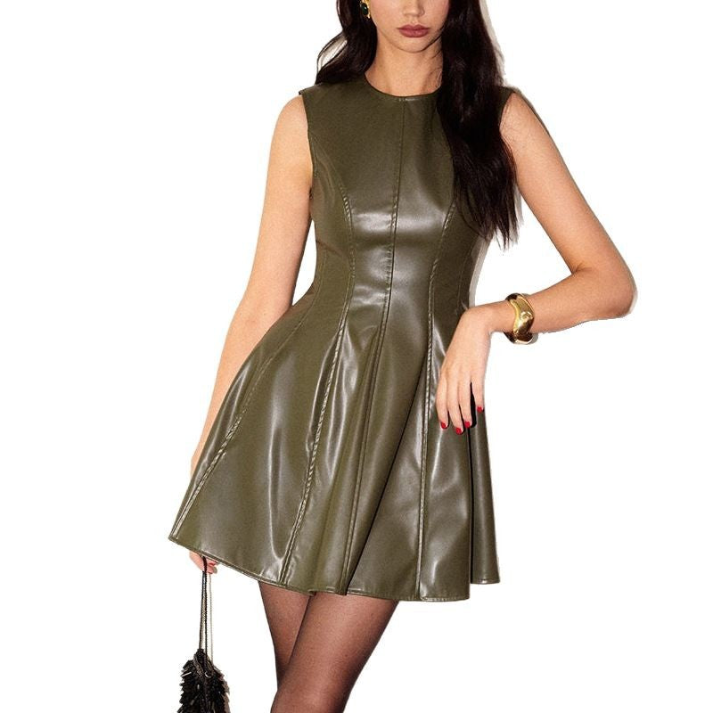 Round neck sleeveless waist cinched A-line short skirt vest dress