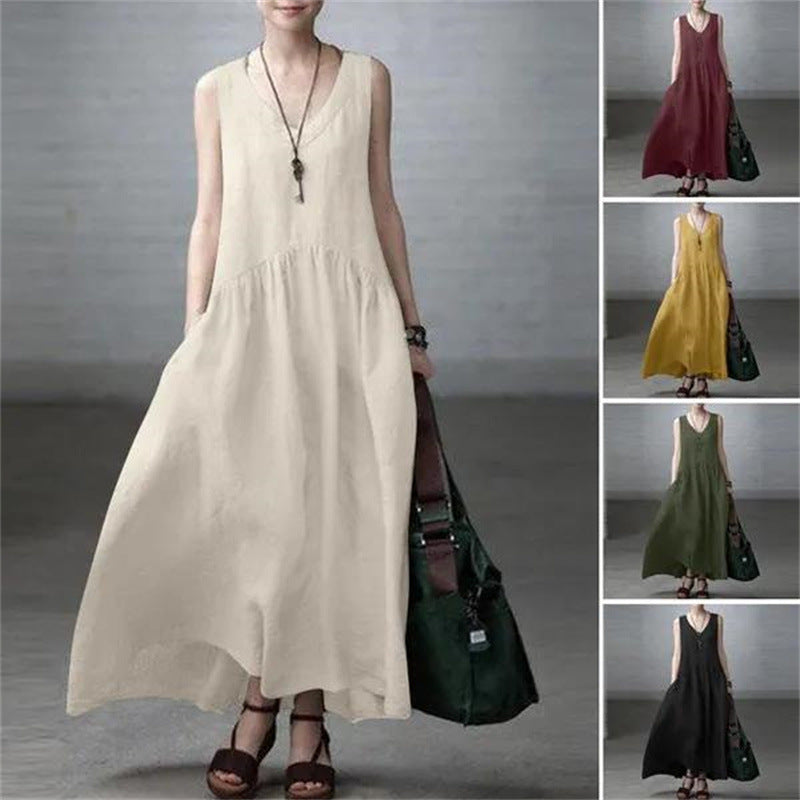 Women's Long Dress Loose Pleated Fashion Sleeveless Solid Color Backless Cotton Linen Dress