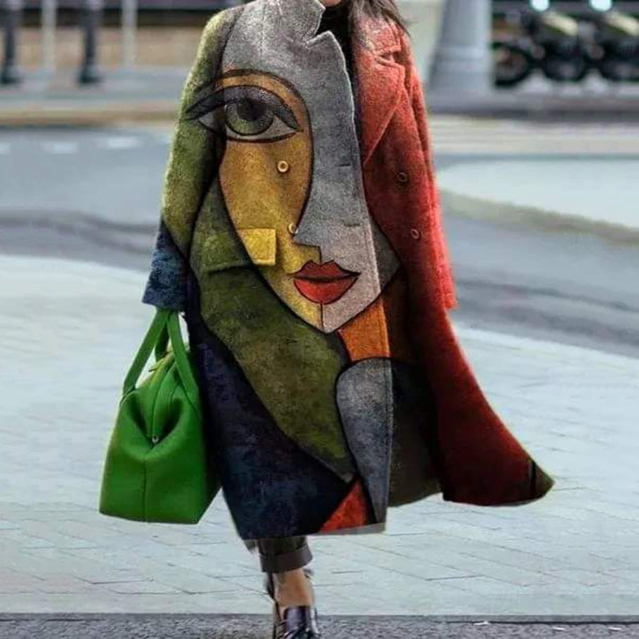 Autumn Women's Long Sleeve Lapel Coat Printed Woolen Coat