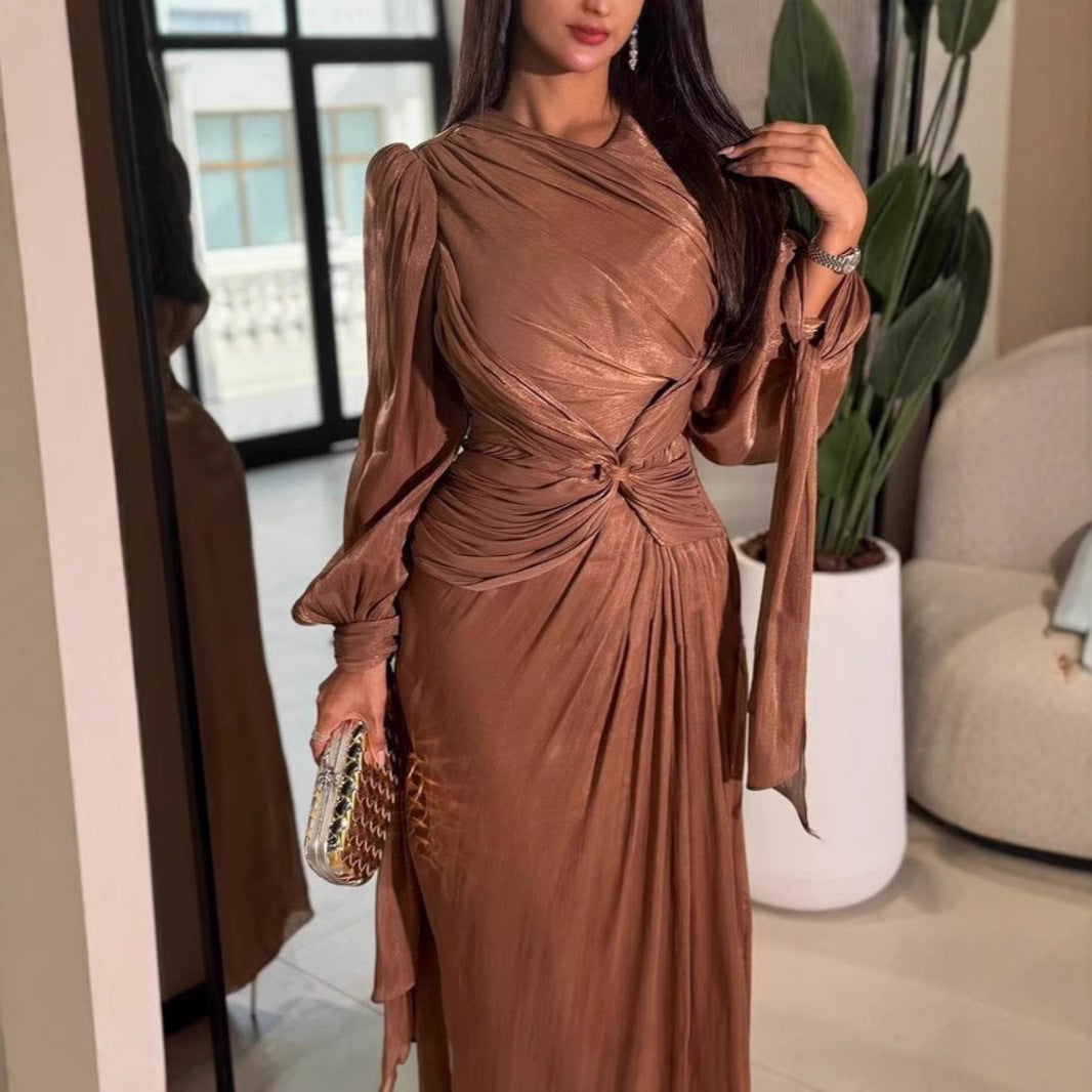 Wrinkled Ribbon Shiny Evening Dress