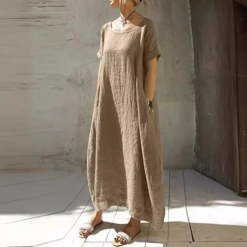 Women's Loose Plus Size Solid Color Round Neck Short Sleeve Waist Belt Slit Dress