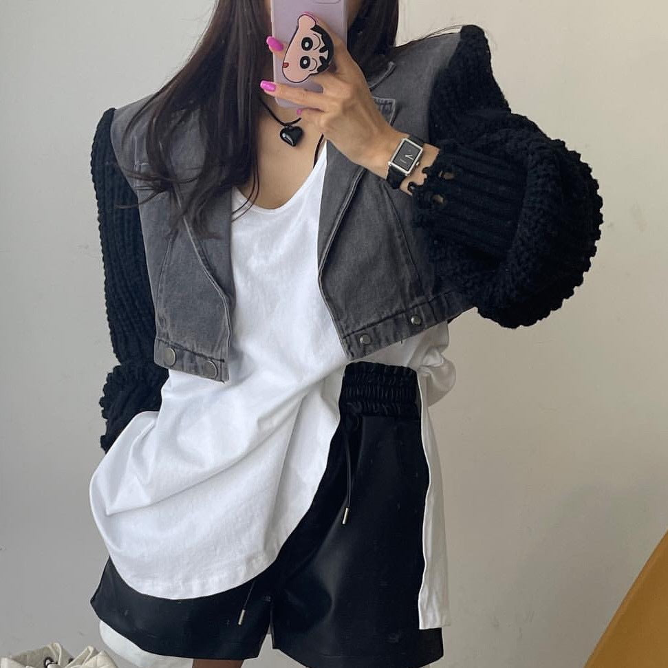 Autumn design sense splicing knitted sleeves loose niche casual jacket short denim jacket