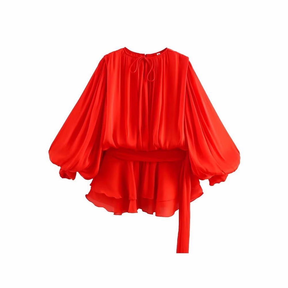 Round neck lantern sleeve lace up solid color dress for women