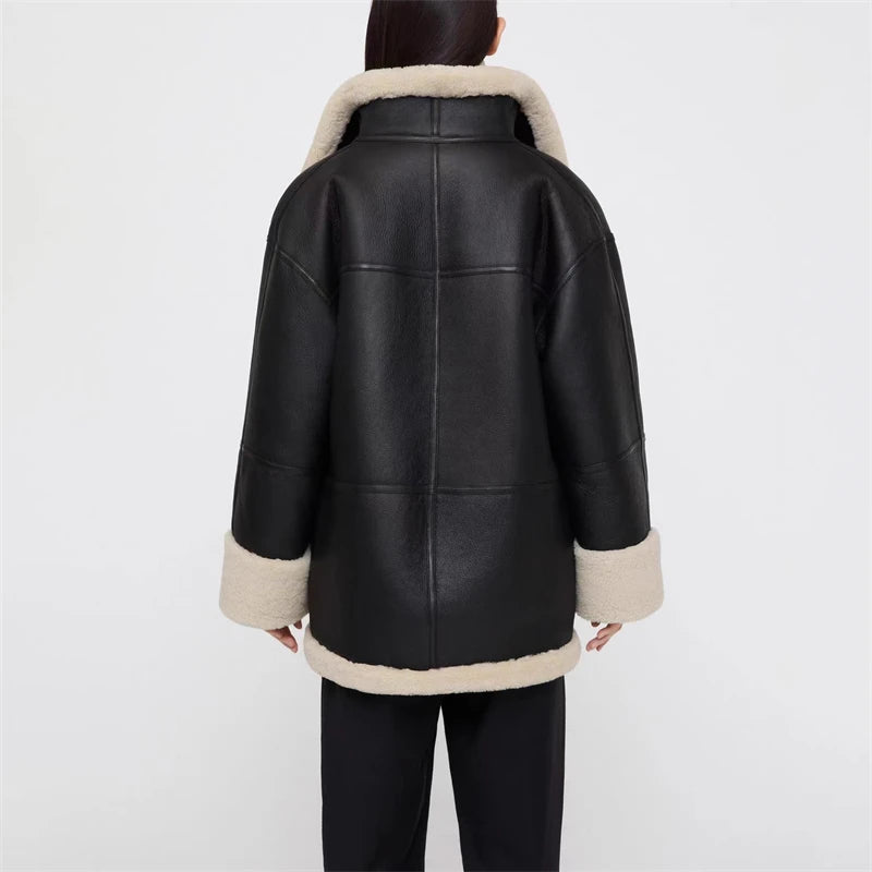 Autumn and winter New women's Cashmere collar composite leather jacket y2k high Quality ComfortableWarm Casual HighCollar Jacket