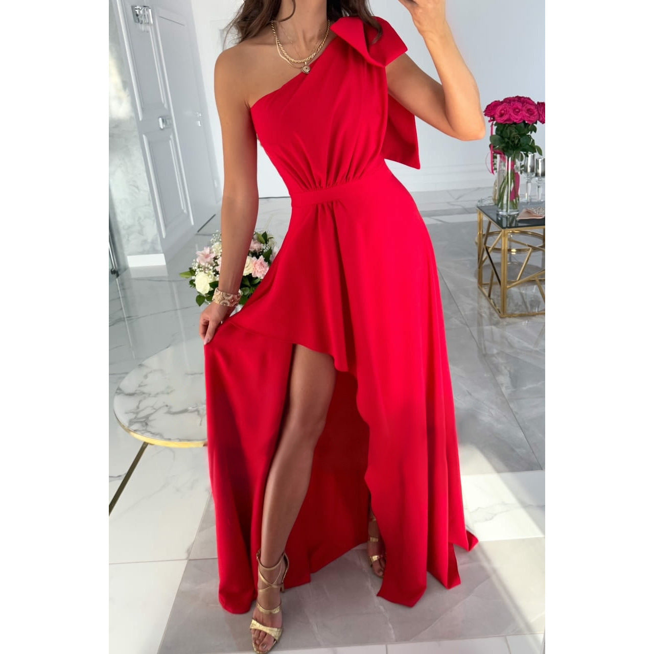 Spring and Summer New Off-the-Shoulder Bow Slit Dress INS Casual Flare Dress for Women