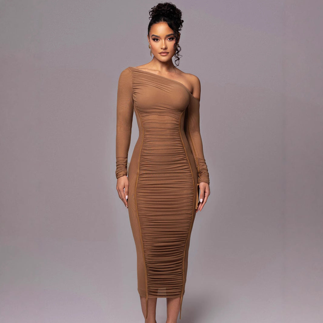 Style Women's Long Sleeve Mesh Splicing Off-Shoulder Midi Dress Fashion Pleated Dress