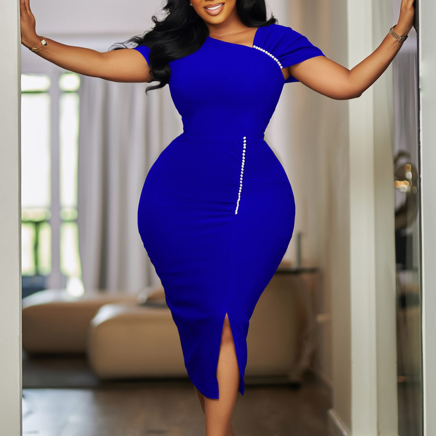 Hip hugging nail bead high waisted dress