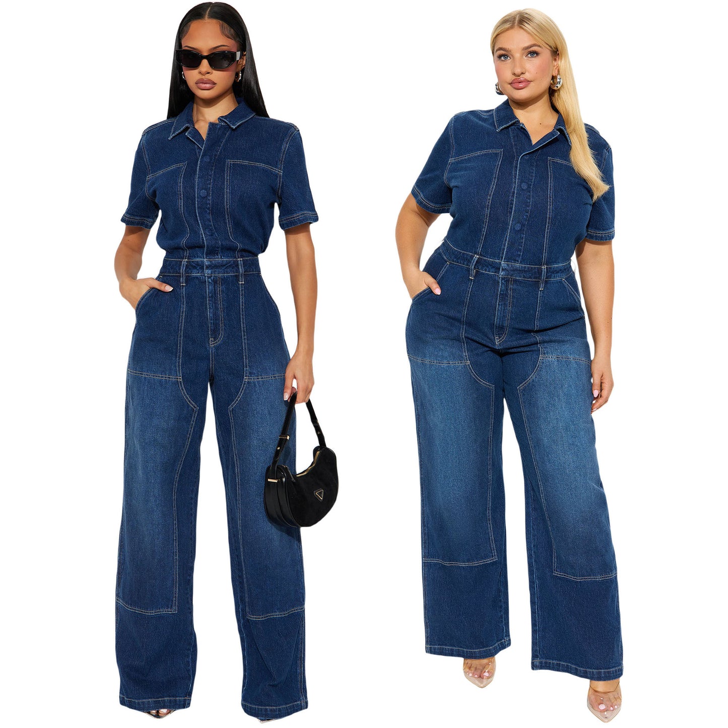 Wide leg tight waist slim fit elastic denim jumpsuit