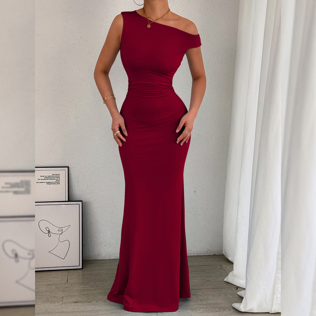 Women' Oblique Shoulder Neckline Waist Pleated Sleeveless Sexy Dress
