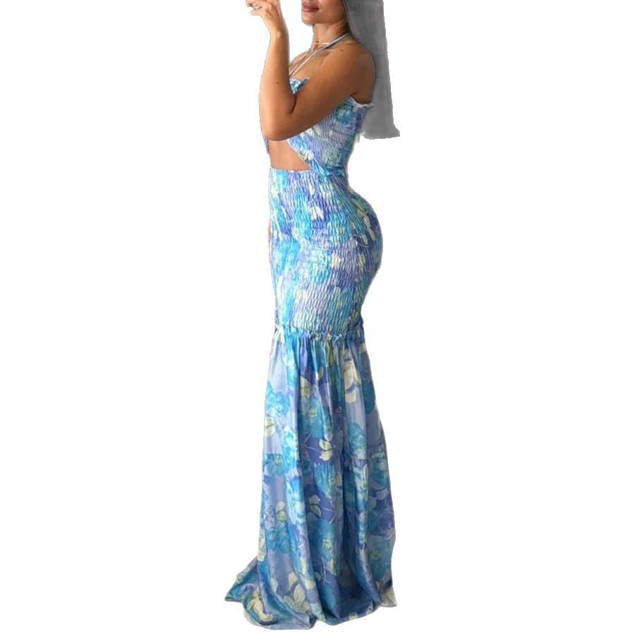 New Arrival Off-the-Shoulder Printed Pleated Dress INS Casual Loose Vacation Dress