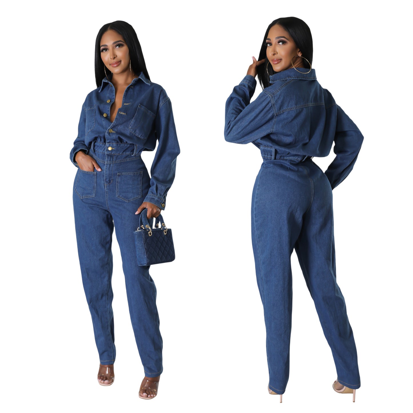 Slim fit elastic wash denim pocket jumpsuit