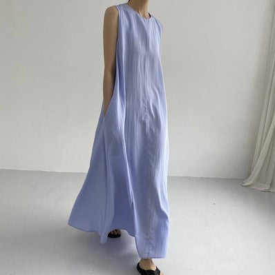 Loose Fit Sleeveless Pumpkin Color Long Cotton Linen Dress