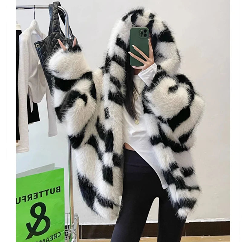 Women's fur coat Zebra print hooded fox fur coat young padded winter thermal jacket