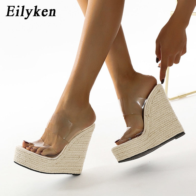 Summer PVC Transparent Peep Toe Cane Straw Weave Platform Wedges Slippers Sandals Women Fashion High Heels Female Shoes