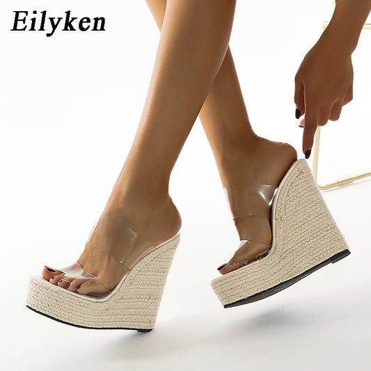 Summer PVC Transparent Peep Toe Cane Straw Weave Platform Wedges Slippers Sandals Women Fashion High Heels Female Shoes