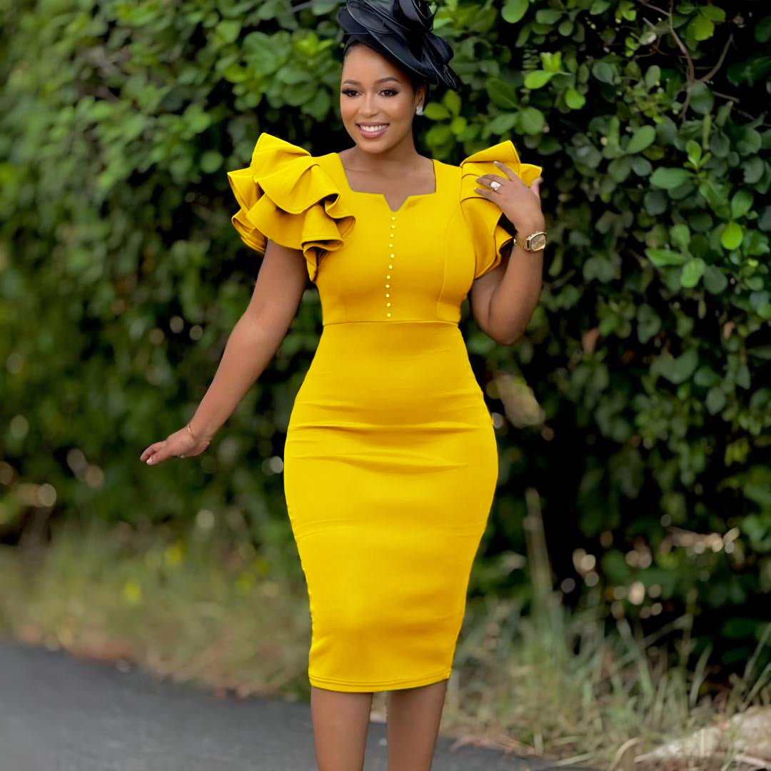 Women's Beaded Ruffle Sleeve Fitted Banquet Dress
