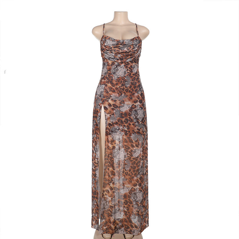Women's Sexy Leopard Print Strapless Long Dress Deep V Slit Design Dress