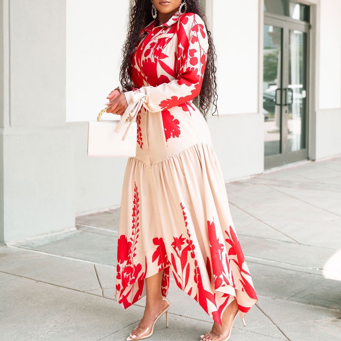 Long sleeved printed collar irregular loose dress