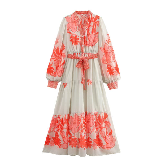 V-neck long sleeved printed waistband A-line dress for women
