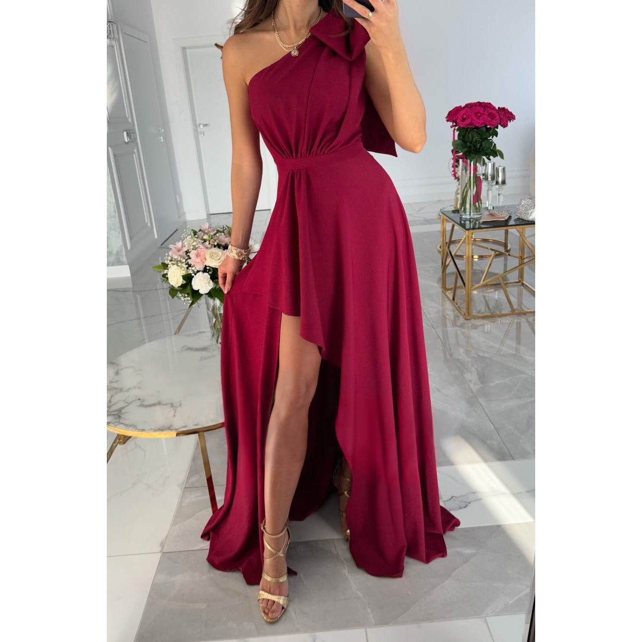 Spring and Summer New Off-the-Shoulder Bow Slit Dress INS Casual Flare Dress for Women