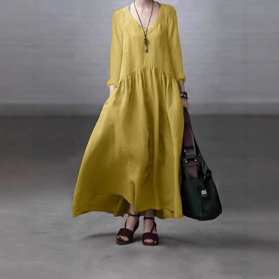 Long Sleeve V-Neck Cotton Linen Tank Dress Women's Casual Solid Color Loose Long Dress