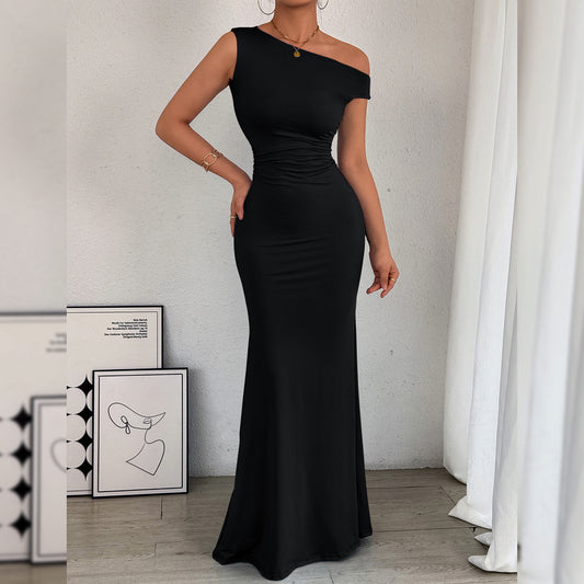 Women' Oblique Shoulder Neckline Waist Pleated Sleeveless Sexy Dress