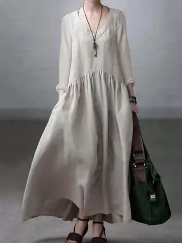 Long Sleeve V-Neck Cotton Linen Tank Dress Women's Casual Solid Color Loose Long Dress