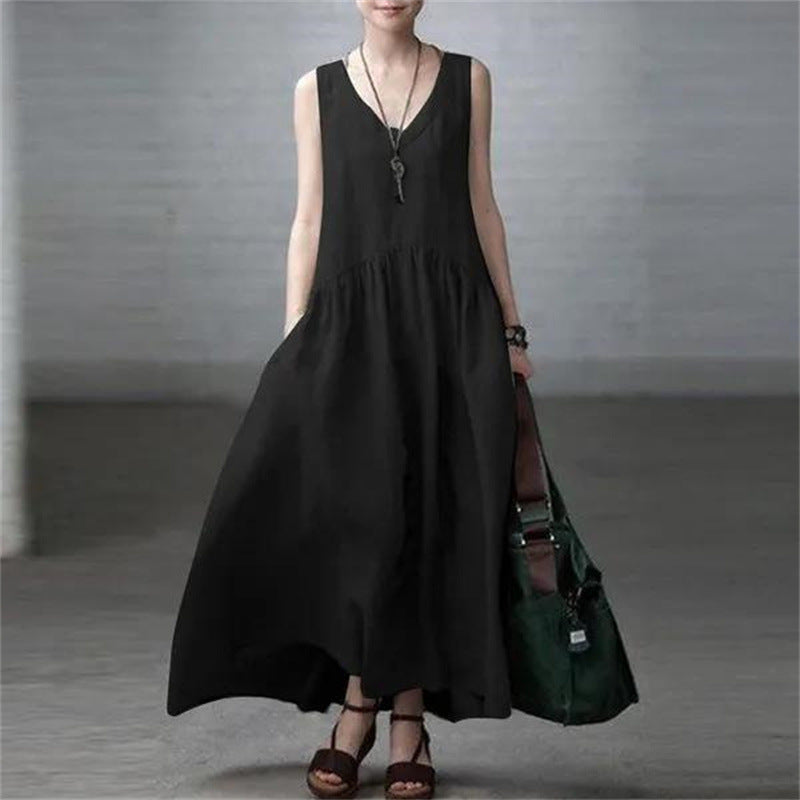 Women's Long Dress Loose Pleated Fashion Sleeveless Solid Color Backless Cotton Linen Dress