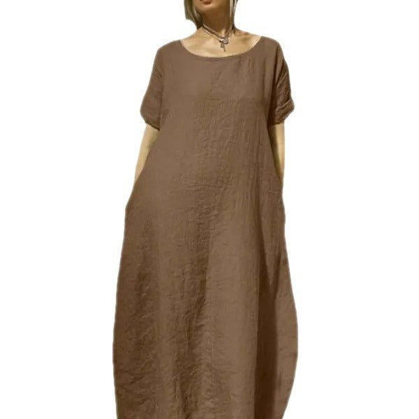 Women's Loose Plus Size Solid Color Round Neck Short Sleeve Waist Belt Slit Dress