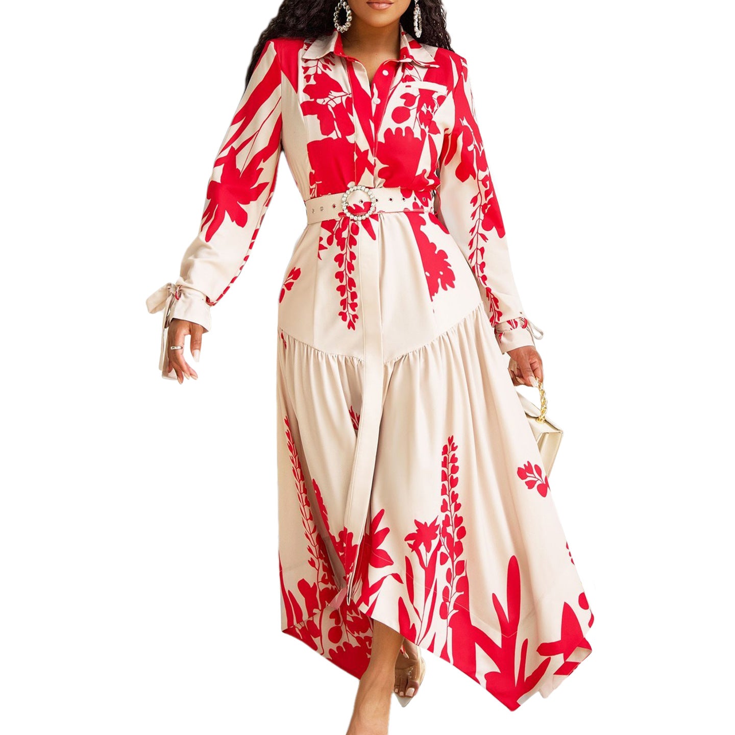 Long sleeved printed collar irregular loose dress