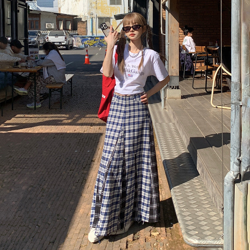Plaid High-Waist A-Line Midi Skirt with Frayed Hem and Pleats