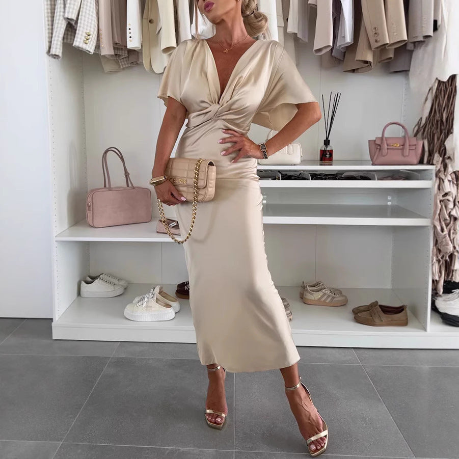 Color Satin Twist Chest Batwing Sleeve Dress Loose Vacation Dress for Women