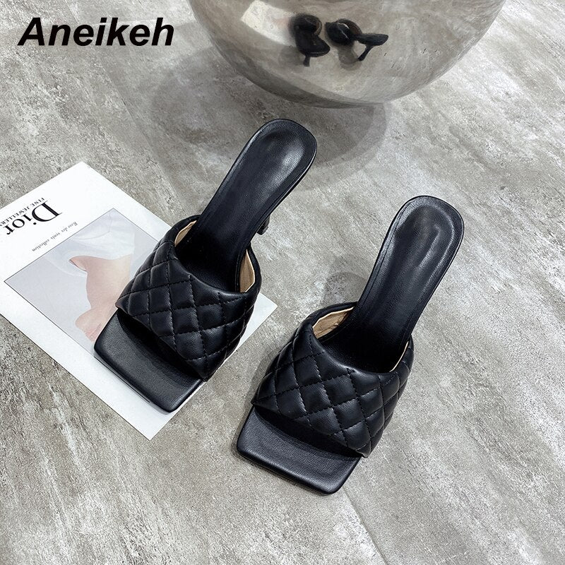 Aneikeh NEW Sexy PU Diamond Square Head Peep Toe Thin High Heels Slippers Summer Fashion Slip On Slides Women Mules Party Shoes