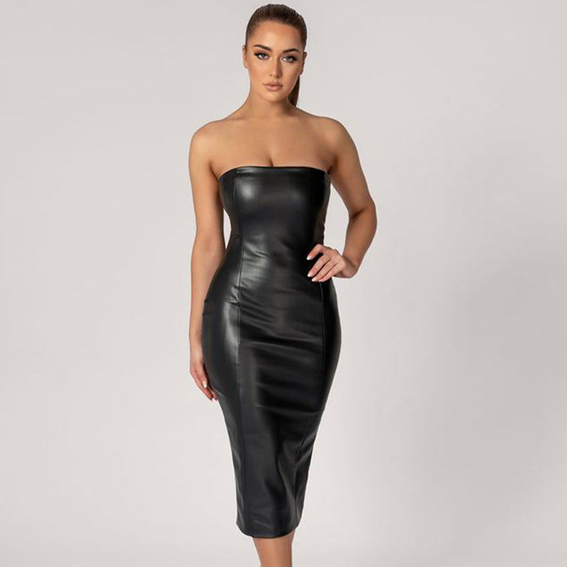 One neck slim fit hip hugging skirt with split PU women's dress