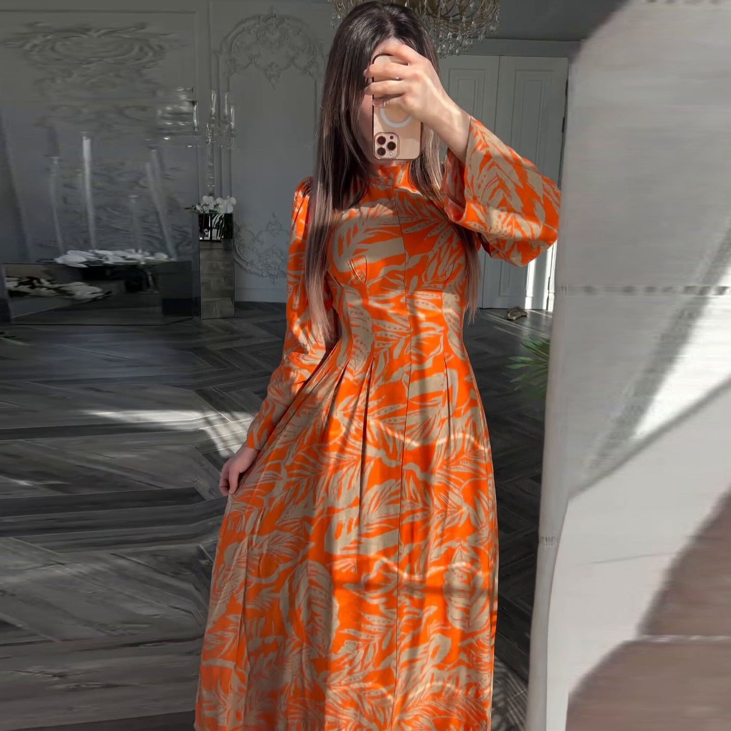 Elegant Long Sleeve High Waist Fitted Flared Dress