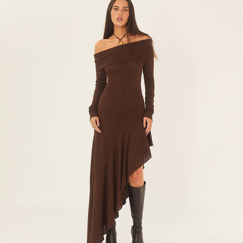 One shoulder long sleeved close fitting lotus leaf side length dress for women