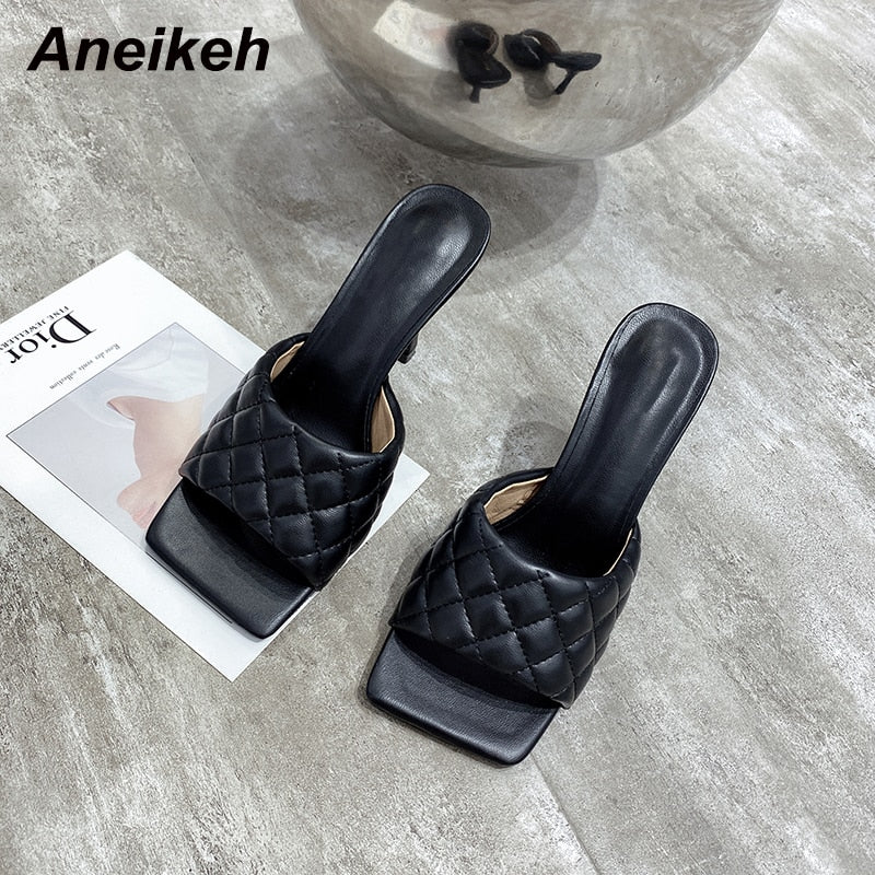 Aneikeh NEW Sexy PU Diamond Square Head Peep Toe Thin High Heels Slippers Summer Fashion Slip On Slides Women Mules Party Shoes