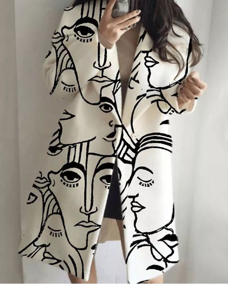 Autumn Women's Long Sleeve Lapel Coat Printed Woolen Coat