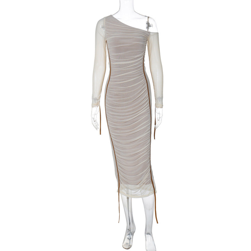 Style Women's Long Sleeve Mesh Splicing Off-Shoulder Midi Dress Fashion Pleated Dress