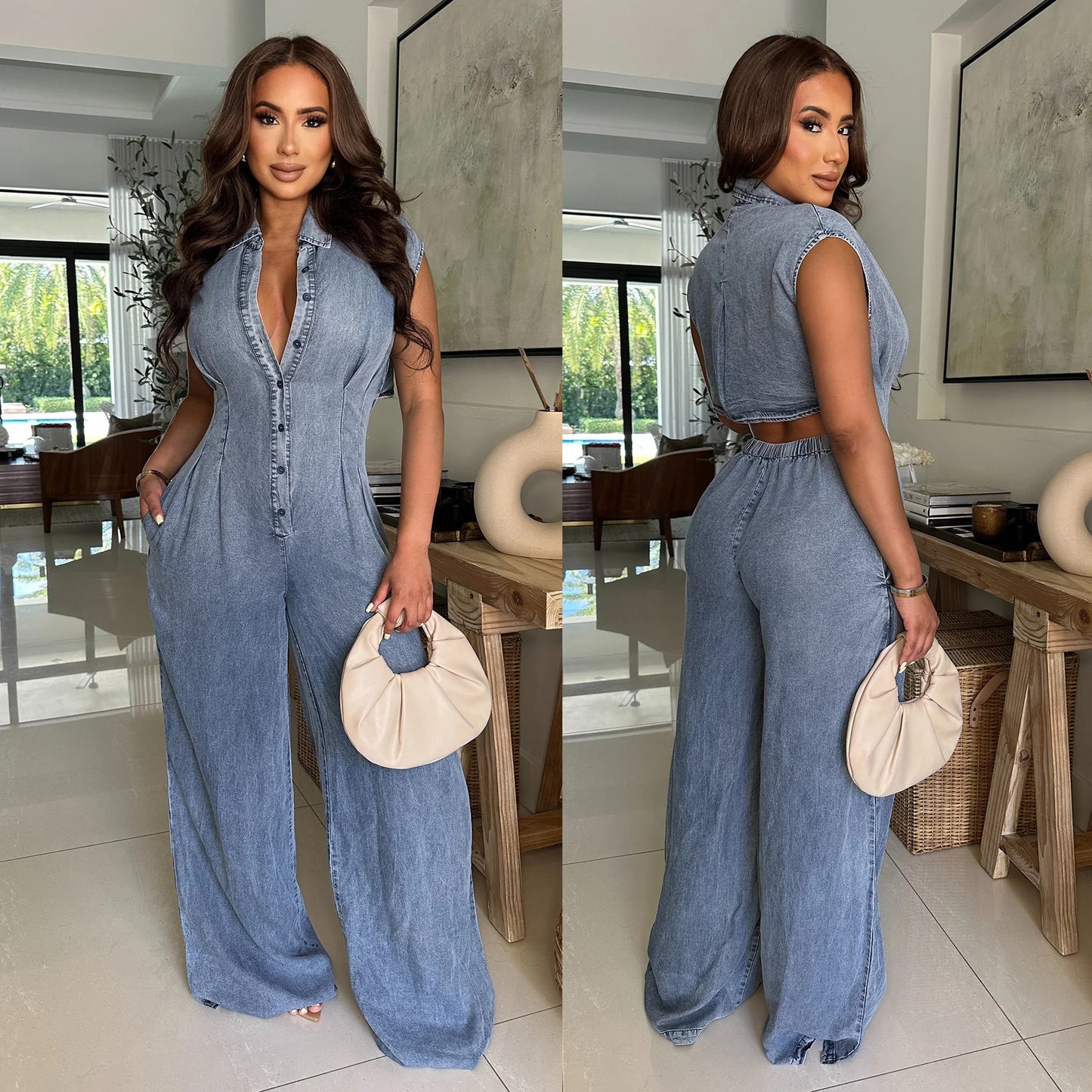 Slim fit elastic straight tube loose jumpsuit