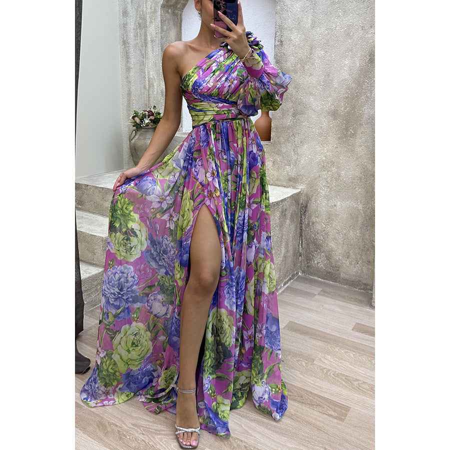 Casual Slit Dress for Autumn/Winter Gatherings INS Loose Multi-Color Off-the-Shoulder Dress