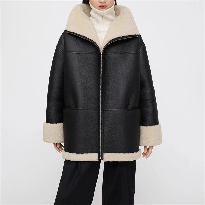 Autumn and winter New women's Cashmere collar composite leather jacket y2k high Quality ComfortableWarm Casual HighCollar Jacket
