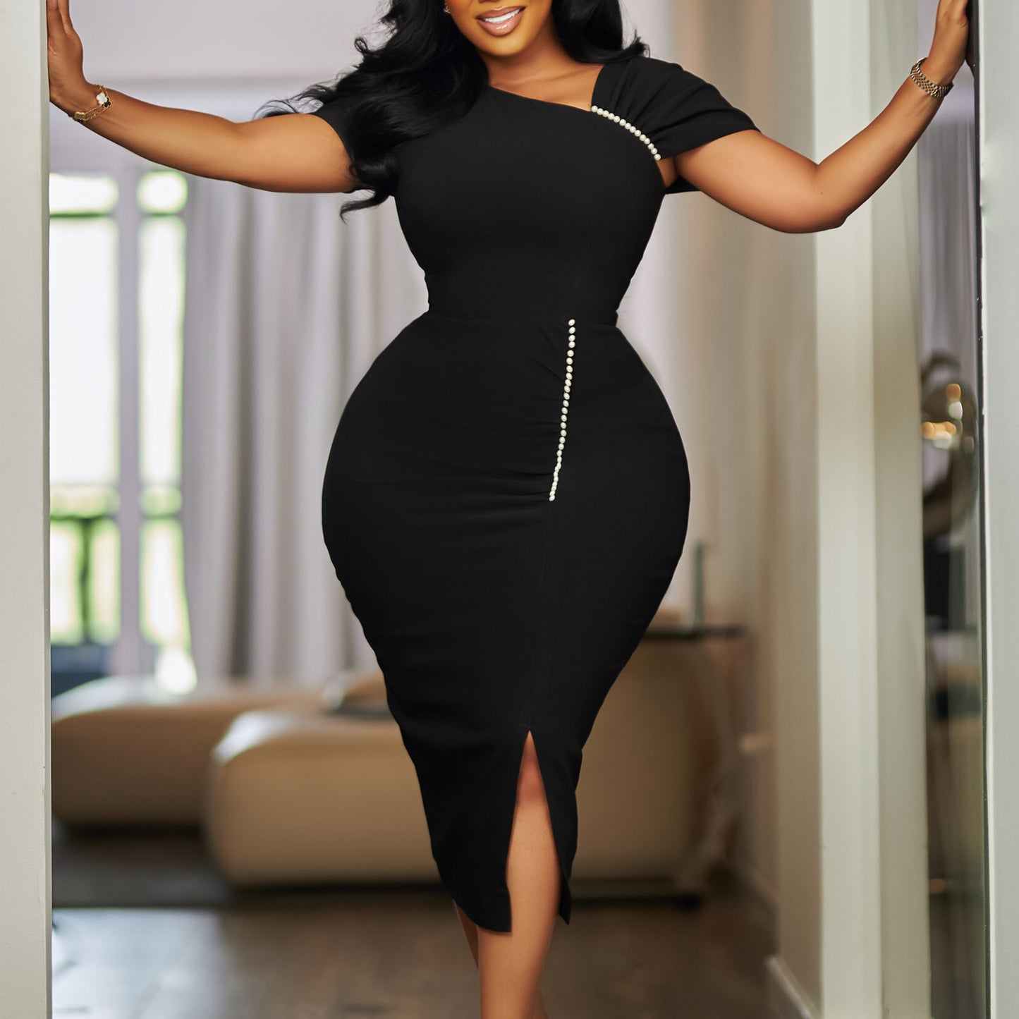 Hip hugging nail bead high waisted dress