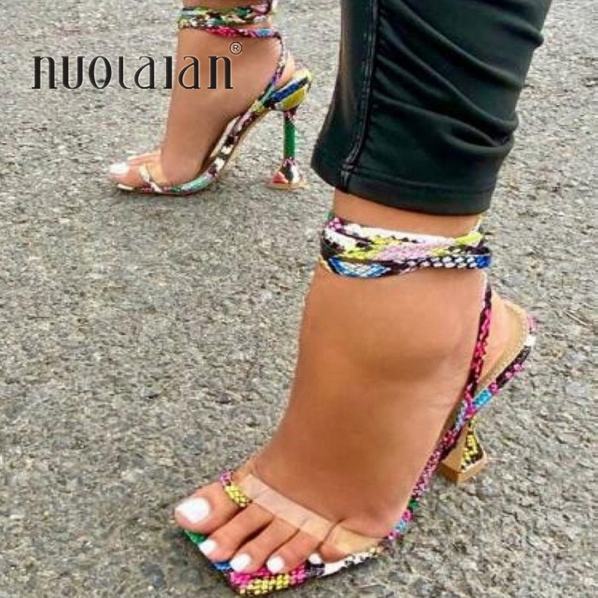 Women High Heels Sandals Summer Outside Snake Print Shoes Woman Lace-Up Cross Strap Gladiator Sandals 11.5CM Heels