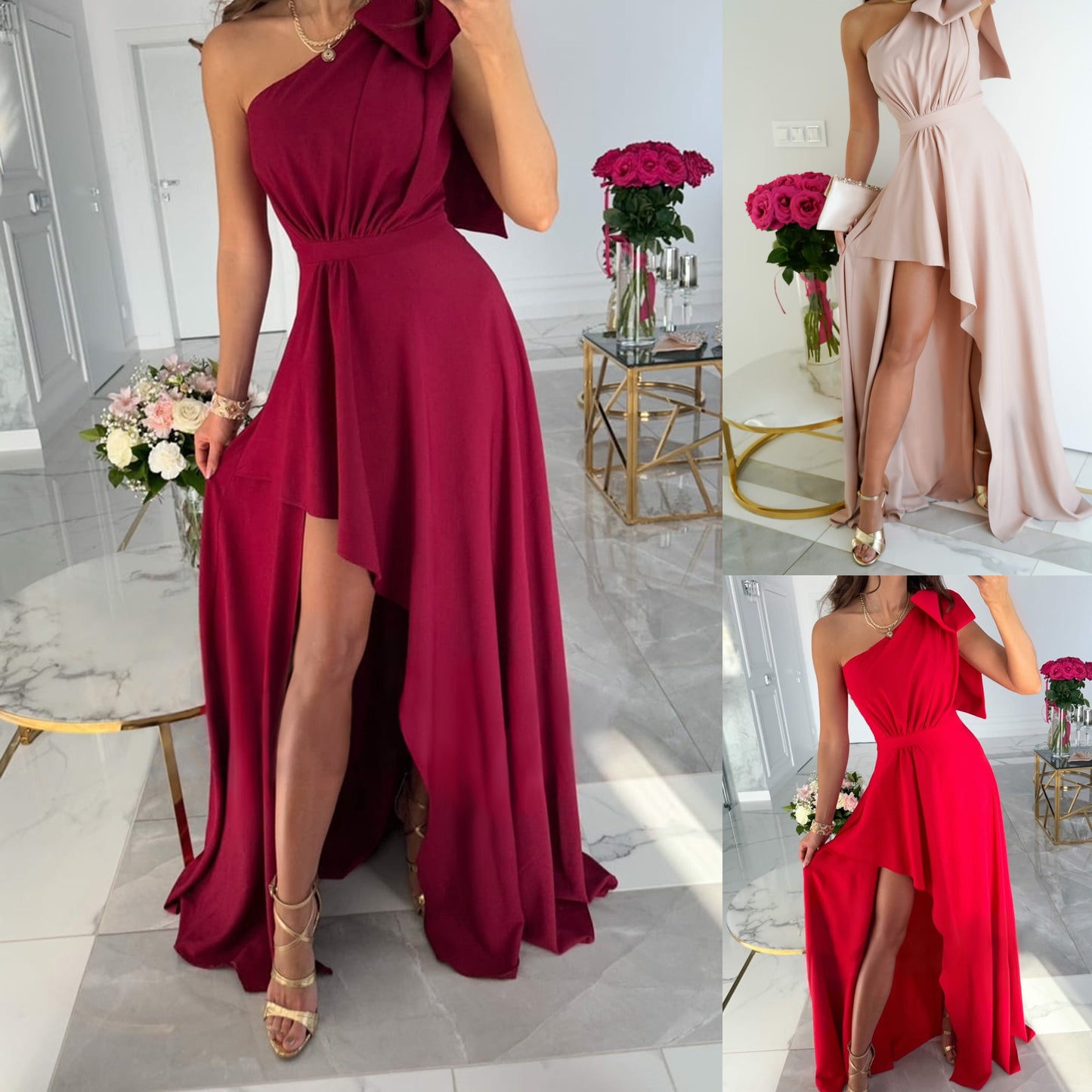 Spring and Summer New Off-the-Shoulder Bow Slit Dress INS Casual Flare Dress for Women